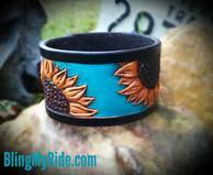 Hand tooled and painted leather sunflower cuff bracelet