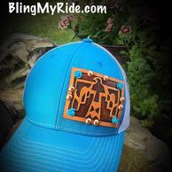 Turquoise Ball cap with hand tooled thunderbird and rose leather patch.