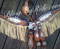 Hand tooled and buckstitched bling tack set with fringe.