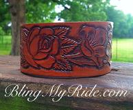Hand tooled leather cuff bracelet with roses.