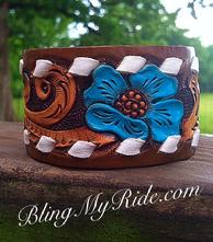 Hand tooled, painted and buckstitched leather cuff bracelet. Turquoise flower.