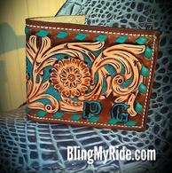 Hand tooled, buckstitched and painted mens wallet.