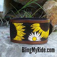 Sunflower and Daisies hand tooled and painted cuff bracelet.